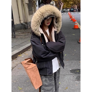 现货重磅boxy短款棉衣座山雕大毛毛领男女棉服水洗工装厚外套