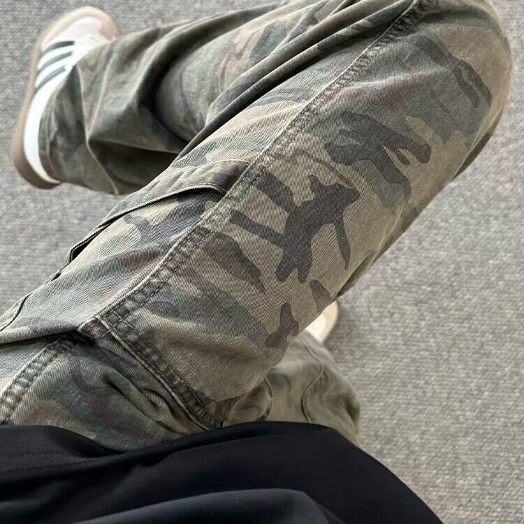 柳钉拼接迷彩工装裤男款夏季薄款美式高街伐木裤子微喇直筒牛仔裤,男装牛仔裤,星座506A