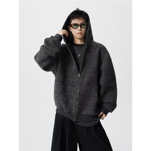 J703-P65 美式复古条纹连帽卫衣外套男秋冬宽松休闲开衫上衣图片
