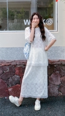 法式宽松蕾丝套装裙女2025夏季新款高级感清透T恤半身裙两件套潮，女装套装/套裙，2C317