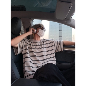 wassup happy小领口短袖t恤男夏季薄款条纹宽松半截袖休闲上衣服图片