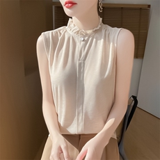 无袖女夏季木耳领袖衫宽松简约百搭纯色女上衣，女装针织衫/毛衣，绒宛羊绒