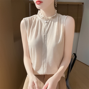 无袖女夏季木耳领袖衫宽松简约百搭纯色女上衣图片
