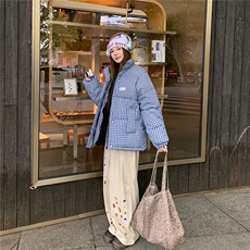 刺绣款蓝色格子羽绒棉衣棉服冬新款宽松面包服加厚外套TT8813P80，男装棉衣，星座1013-5