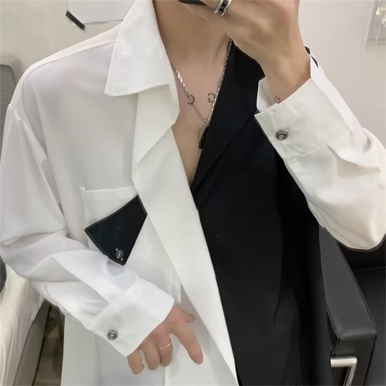 夏季高质量透气时尚衬衫黑白拼色衬衣长袖上衣宽松舒适休闲CS609,男装衬衫,星座1013