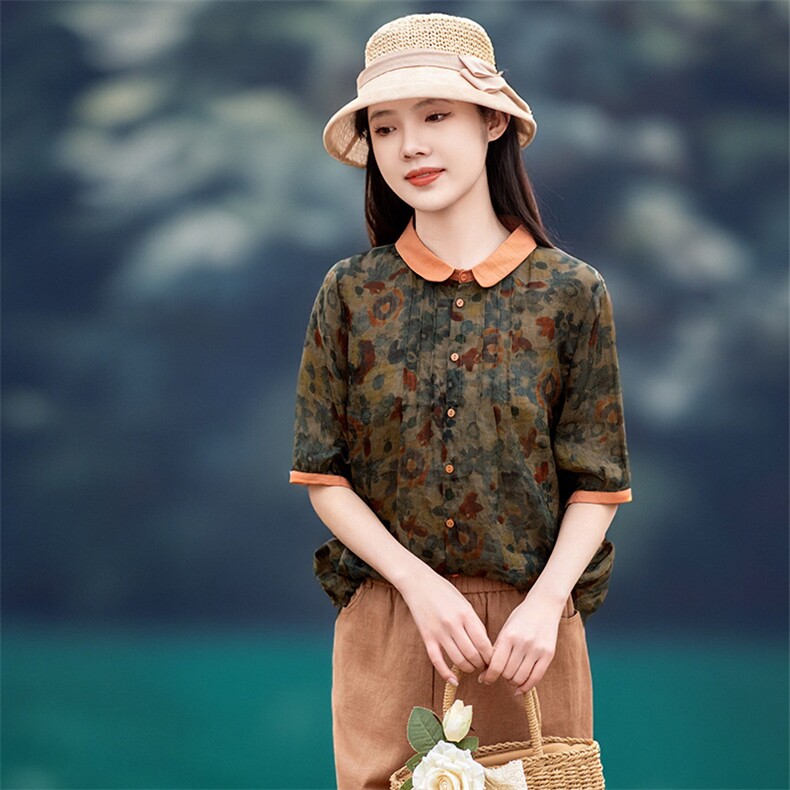 2026年春季女短袖宽松文艺风苎麻，女装衬衫，江南依恋