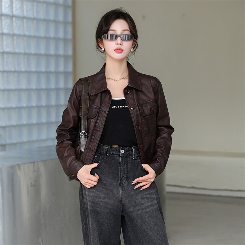 现货欧洲站2024春秋季新款欧货仿绵羊皮皮衣宽松短款夹克外套女,女装皮衣,美拉德工厂直营店