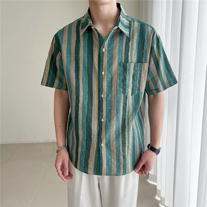 轻熟风夏季印花条纹短袖衬衫男装宽松衬衣休闲TZ95P5078图片
