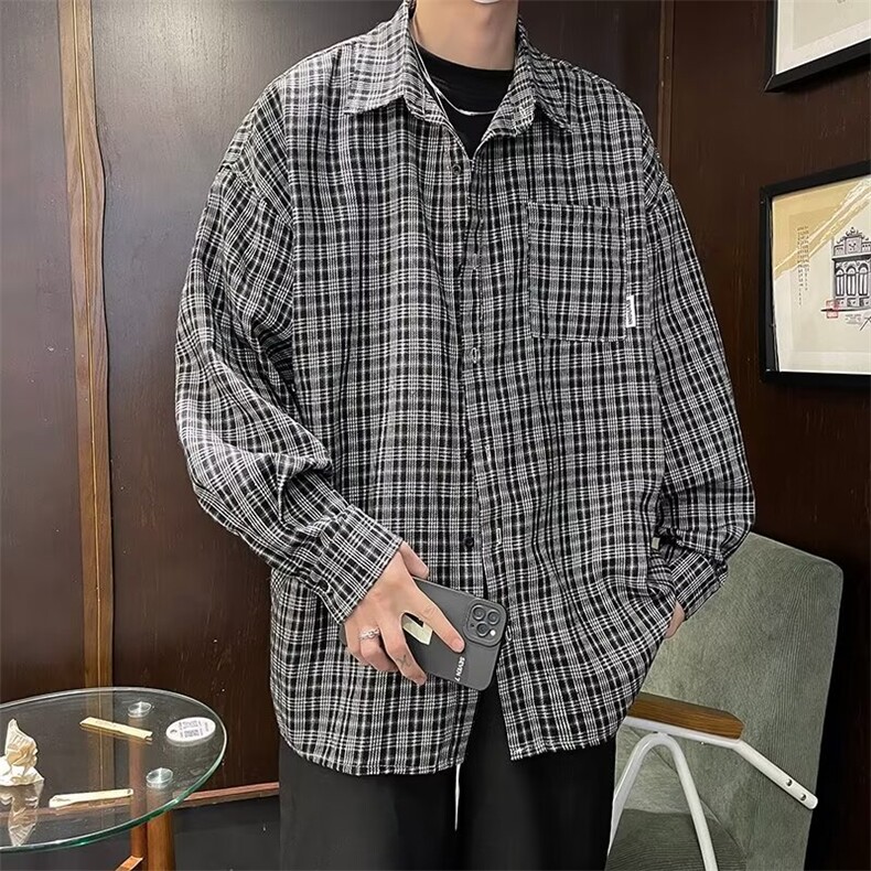 F160-P33现货春季港风格子衬衫男2024新款长袖宽松,男装衬衫,星座512-6