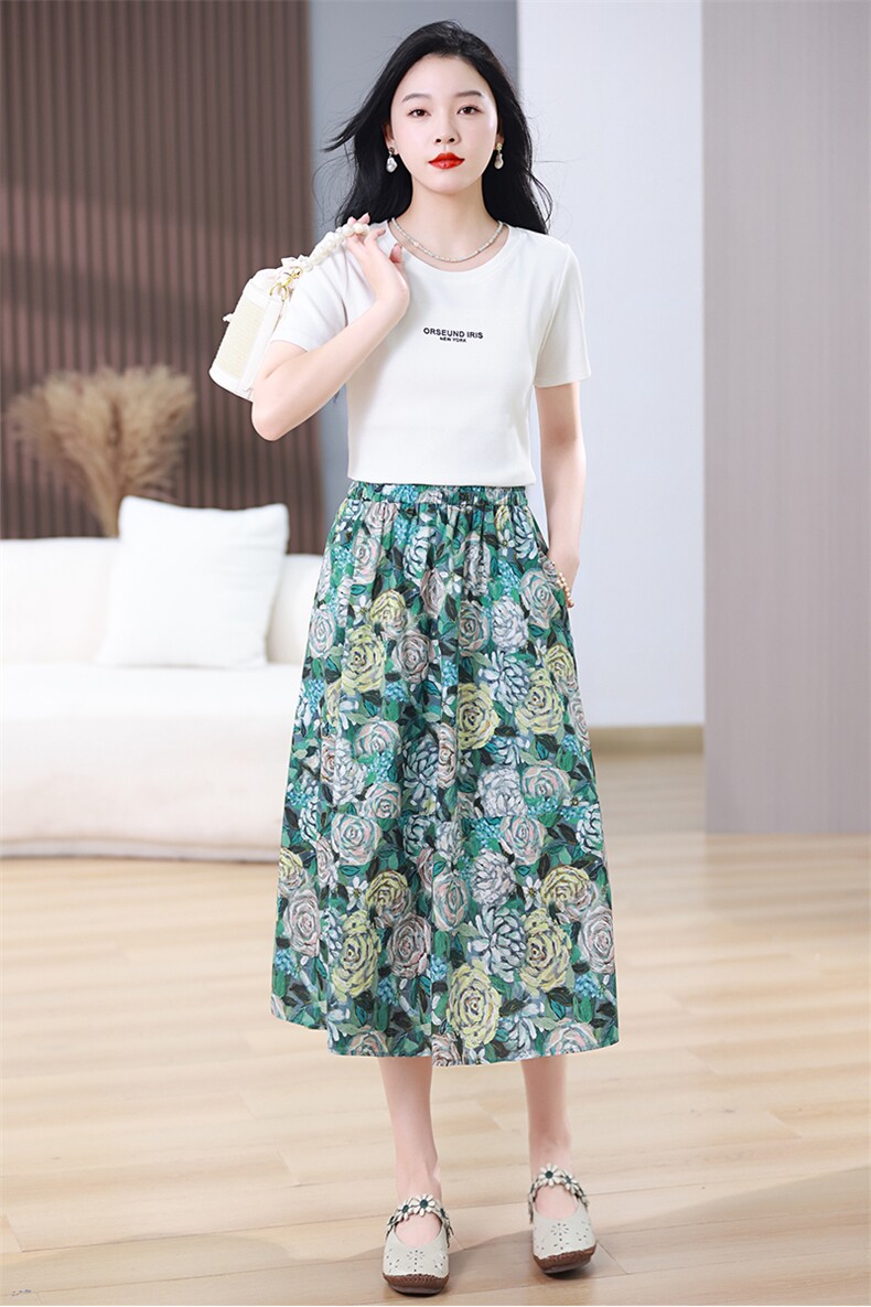 印花半身裙女夏季2025新款薄款妈妈显瘦伞裙纯棉a字碎花蓬蓬裙子,女装半身裙,鑫鑫格
