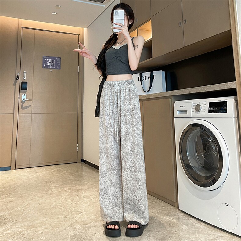 松紧高腰水墨画宽松休闲裤女2024夏季薄款垂感直筒防晒阔腿裤,女装休闲裤,梦白服饰厂