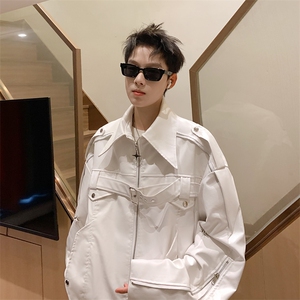 美式复古高街白色皮衣外套男春秋款潮牌小众高级感短款机车服夹克图片