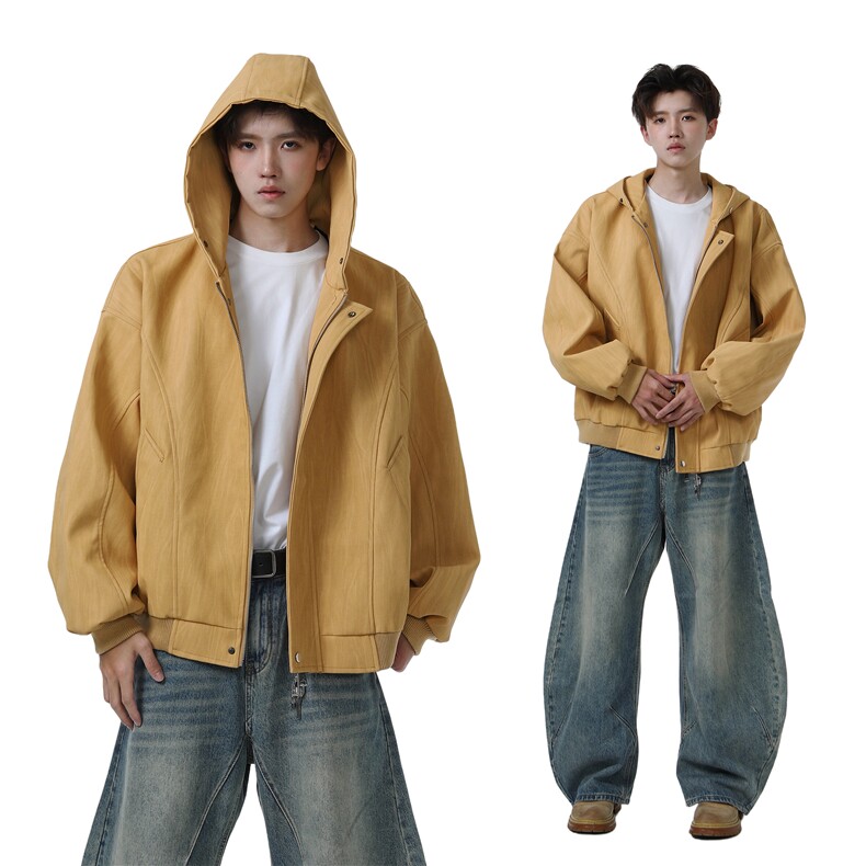 PY2501/P98秋装新款宽松连帽皮衣皮夹克男休闲百搭潮流痞帅外套，男装皮衣，电商B210