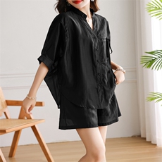 名媛女装高端套装2025夏季新款小个子天丝短裤时尚洋气爆款两件套，女装套装/套裙，深水步