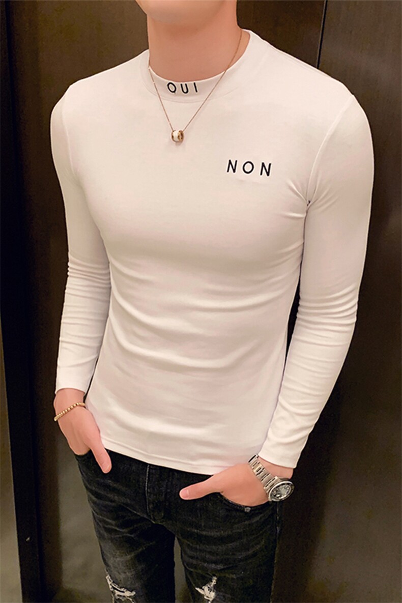 秋季新款潮流休闲纯色修身小高领绣花长袖T恤打底衫男1009-p35,男装T恤,电商D303