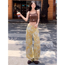 扎染印花浅蓝阔腿牛仔裤高腰垂感直筒小个子拖地裤K8307-P38网图，女装牛仔裤，电商B245