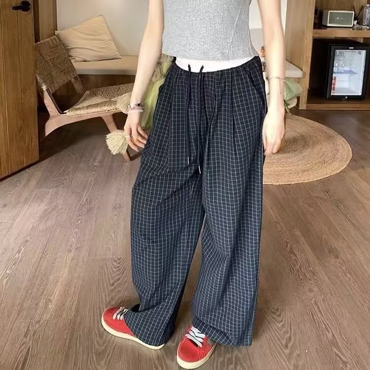 美式慵懒松弛感格子裤女春秋薄款休闲遛弯裤宽松垂感直筒阔腿裤,男装休闲裤,四季星座505