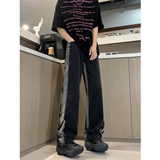 现货秋冬黑色渐变直筒宽松设计感拼接绑带XX修身牛仔裤男K918-P50，男装牛仔裤，星座205