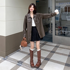 25秋季【现货新款】美拉德系深咖色衬衫领皮衣，女装皮衣，浙宝B116