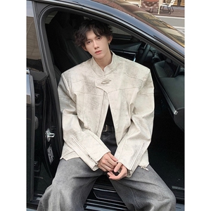 覆古立领垫肩皮衣外套男士春季潮PU机车服白色皮夹克短款 JK8552图片
