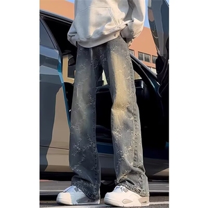 N699-P40cleanfit复古蓝提花牛仔裤男美式高街vibe裤子