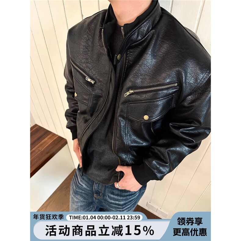 美式复古荔枝纹PU皮衣夹克男女廓形机车服外套潮BJK1045,男装夹克,星座208-5