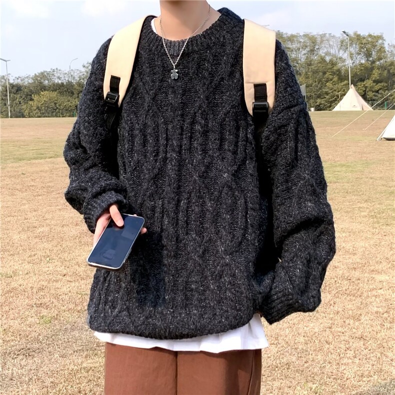 冬季毛衣男加厚打底宽松慵懒保暖内搭圆领粗线麻花针织衫9038P48,男装针织衫/毛衣,星座410-2