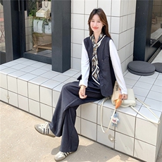 韩版松弛感马甲上衣阔腿裤套装女2025年春秋季新款时尚气质三件套，女装套装/套裙，2C217