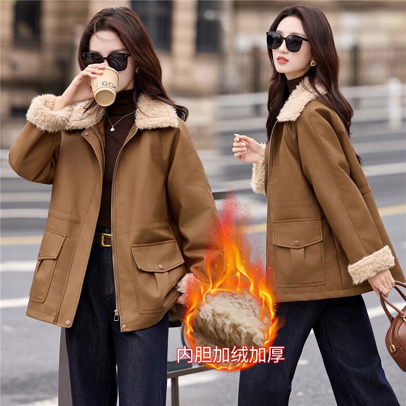 现货2025年冬季新款羊羔毛毛领时尚皮棉衣，女装皮衣，悦祺