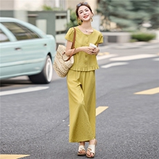 时尚休闲套装女2025夏季新款简约百搭显瘦荷叶边小衫阔腿裤两件套，女装套装/套裙，蓝诺裳