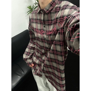 DC148-P48美式刺绣格子衬衫短袖男痞帅高级感格纹衬衣-网图现货图片