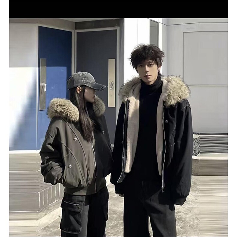 现货重磅boxy短款棉衣座山雕大毛毛领男女棉服水洗工装厚外套,男装棉衣,电商A486-1