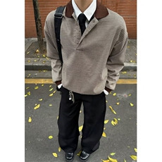 春装翻领长袖针织衫千鸟格休闲宽松男女上衣套头毛衣外穿TW33，男装Polo衫，星座1116A（原606A-3）