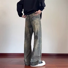 GK883-P42春季美式休闲痞帅水洗复古泼墨牛仔裤男直筒宽松，男装牛仔裤，电商B323A