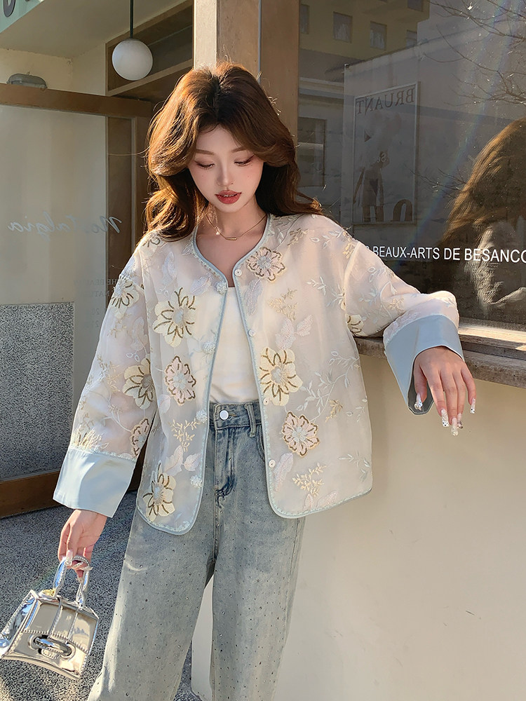 新中式提花刺绣欧根纱防晒外套女2025春夏新款高端洋气设计感开衫,女装短外套,浙宝208A