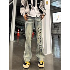 复古蓝字母印花微喇牛仔裤男春秋高街裤子直筒修身阔腿裤NS6078，男装牛仔裤，星座1116A（原606A-3）