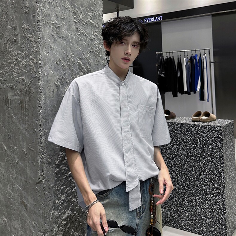 明星私服学院风条纹衬衫搭配可拆卸领带 英伦风条纹打底衬衫 P38图片