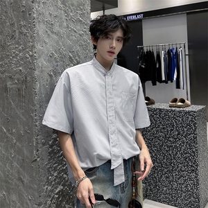 明星私服学院风条纹衬衫搭配可拆卸领带 英伦风条纹打底衬衫 P38图片