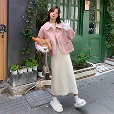 【现货】新款粉牛角扣针织拼接双面羊绒大衣99025款P225K328，女装毛呢外套，2C316