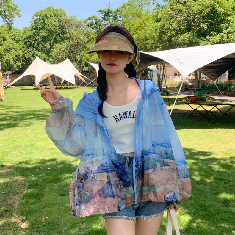 2026新款夏印花防晒衣服女宽松连帽轻薄外套潮182A8657P105K158,女装防晒衣,浙宝182A