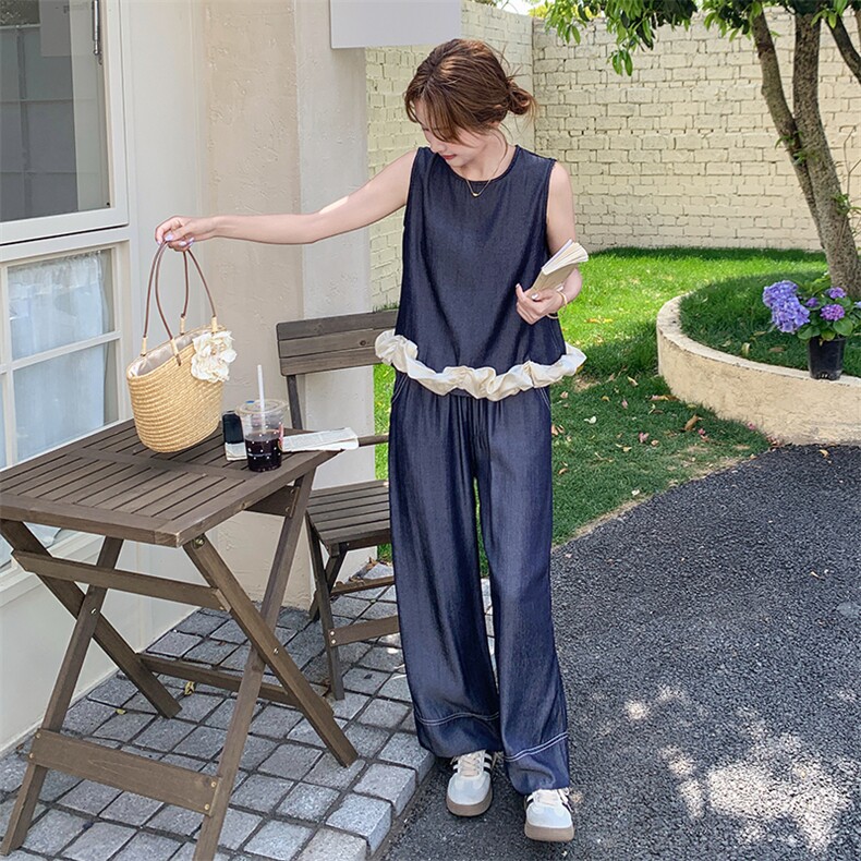 休闲无袖花边背心牛仔阔腿裤套装女2025夏季新款韩系高级感两件套,女装套装/套裙,2C283