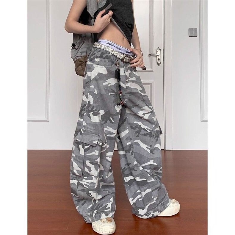 个性ins风迷彩工装宽松休闲裤女春秋新款辣妹百搭弯刀拖地牛仔裤,男装牛仔裤,星座506A
