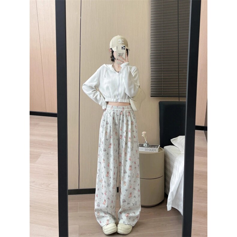 AK2438-P40小狗涂鸦运动裤女春秋季高腰垂感宽松直筒裤阔腿裤,女装休闲裤,星座617A-2