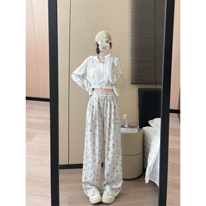 AK2438-P40小狗涂鸦运动裤女春秋季高腰垂感宽松直筒裤阔腿裤,许魏洲运动服穿搭图片