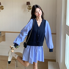 2025年春季新款蓝色条纹假两件连衣裙女时尚流行气质女神范衬衫裙，女装连衣裙，浙宝208