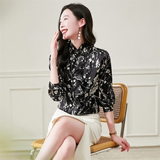 荷叶边立领真丝衬衫女长袖重磅真丝上衣衬衣春装妈妈装气质小衫，女装衬衫，阿舍尔精品