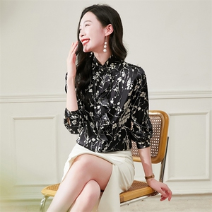 荷叶边立领真丝衬衫女长袖重磅真丝上衣衬衣春装妈妈装气质小衫图片
