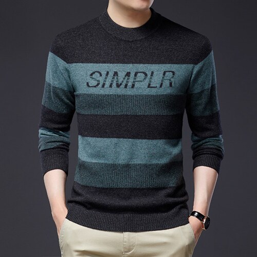秋冬季新款100羊毛毛衣潮流休闲条纹针织衫套头打底衫DDD259-P185,男装针织衫/毛衣,电商B212（原钱塘6029）