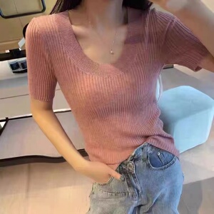 修身百搭显瘦纯色短袖V领抽条针织衫图片