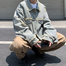 复古毛边做旧破洞牛仔外套男春秋宽松休闲工装夹克上衣JKN08，男装夹克，星座1116A-1（原606A）